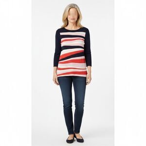 NWT Christopher & Banks Womens S Petite Navy Striped 3/4 Sleeve Knit Top